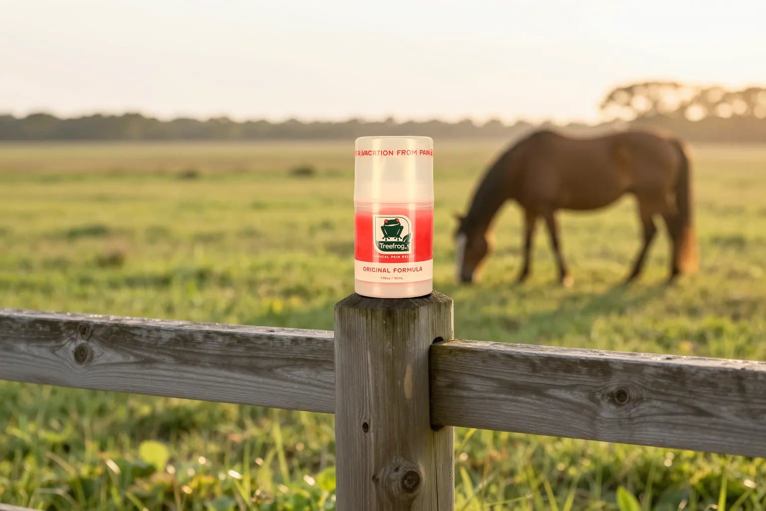 A Treefrog air pump on a fence post, a horse grazing in the pasture behind